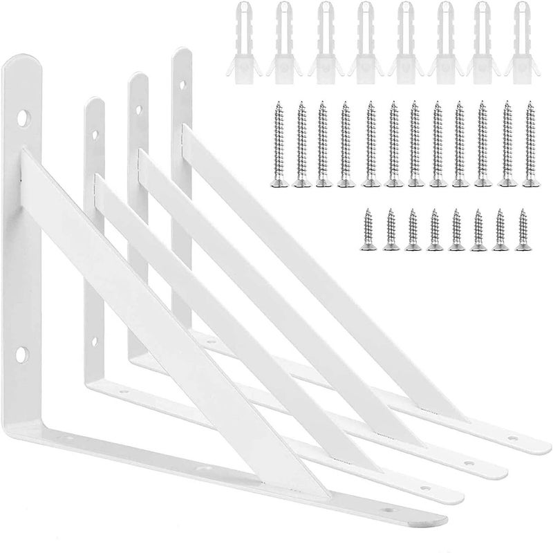 AConnet 4 Pack White Shelf Brackets 10 Inch Heavy Duty L Bracket for Shelves, Wrought Iron White Triangle Shelf Brackets, Wall Mounted Floating Corner Shelving Bracket with Mounting Screws - Image 1